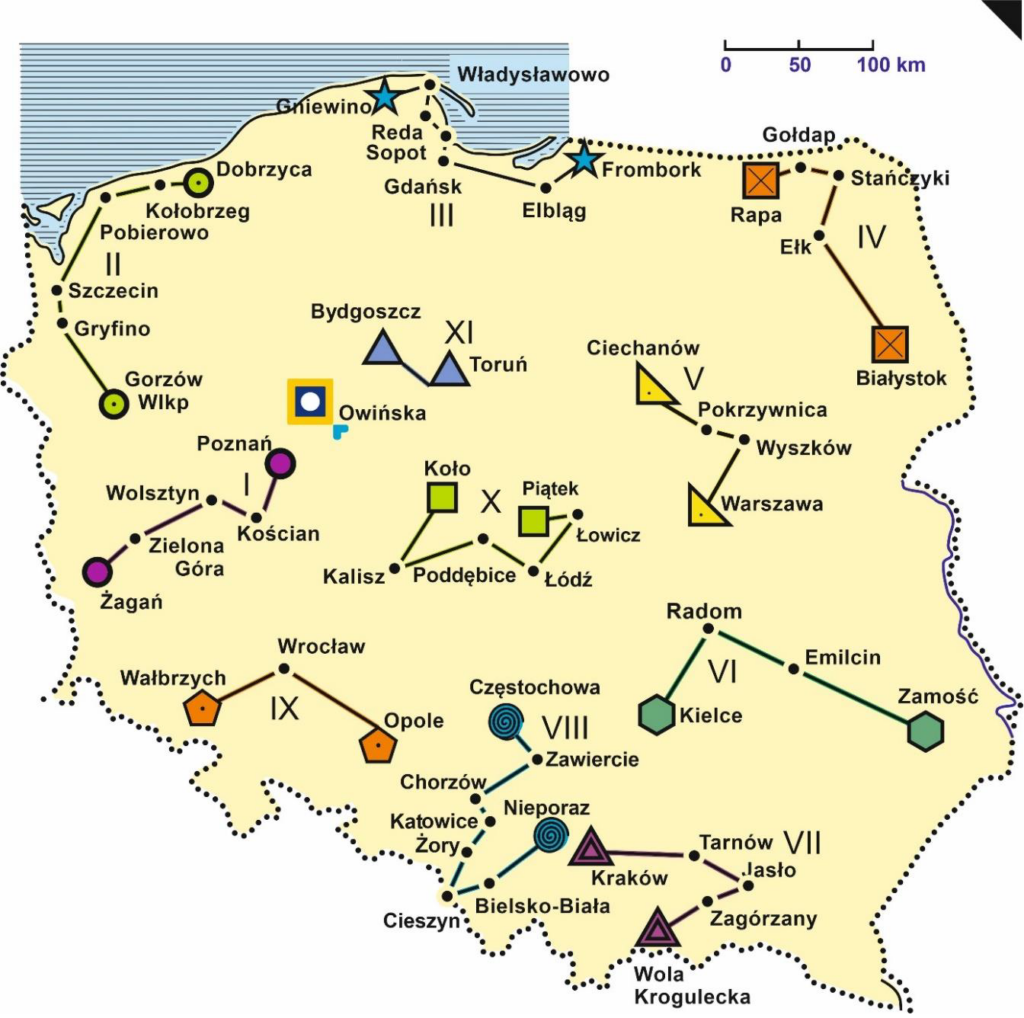 Mapa Polski z zaznaczonymi miastami, w których znajdują się obiekty opisane w tyfloprzewodniku